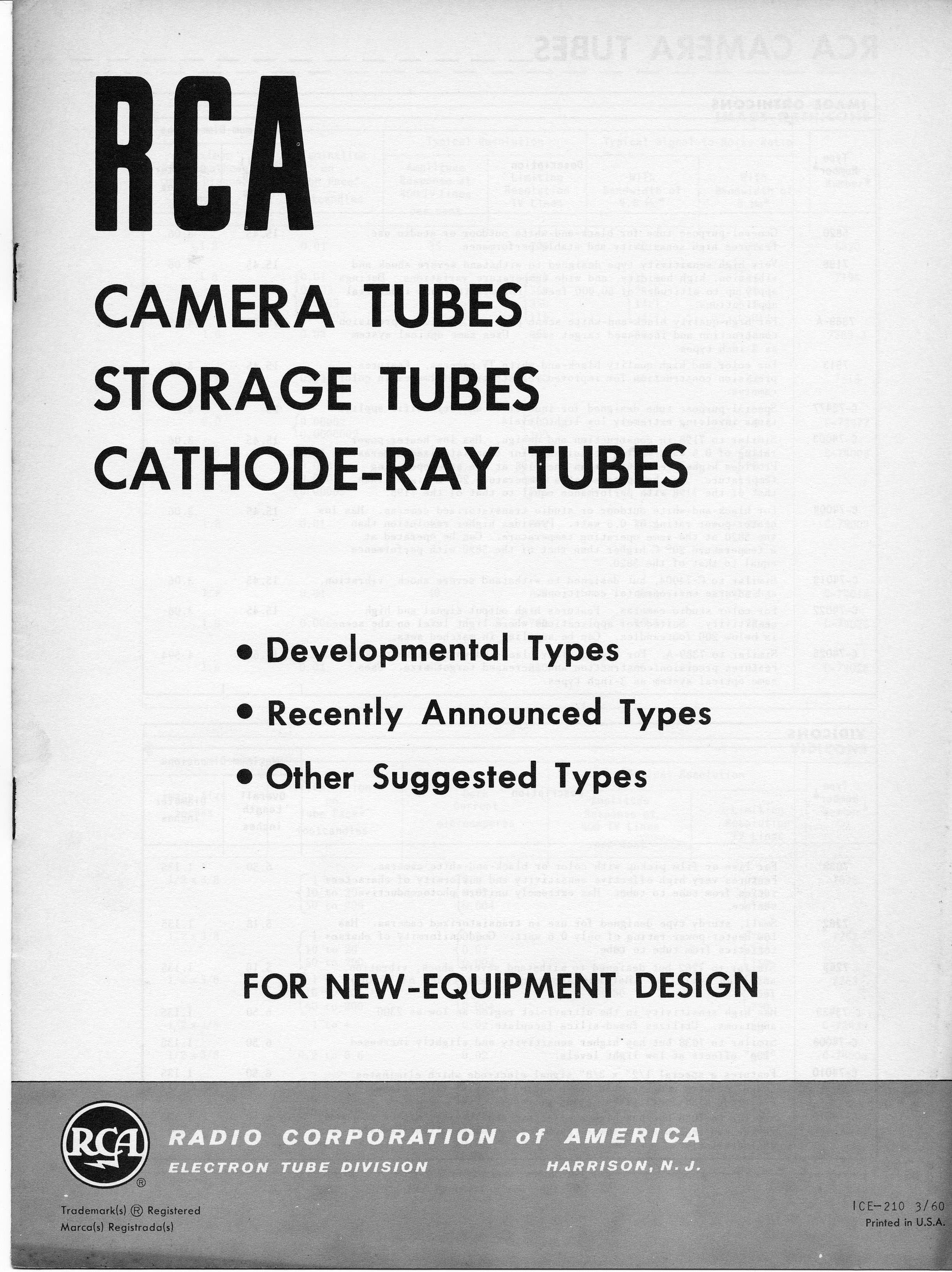 Cover RCA Cathode Ray and Photosensitive Devices Brochure ICE-210 Storage Tubes Only